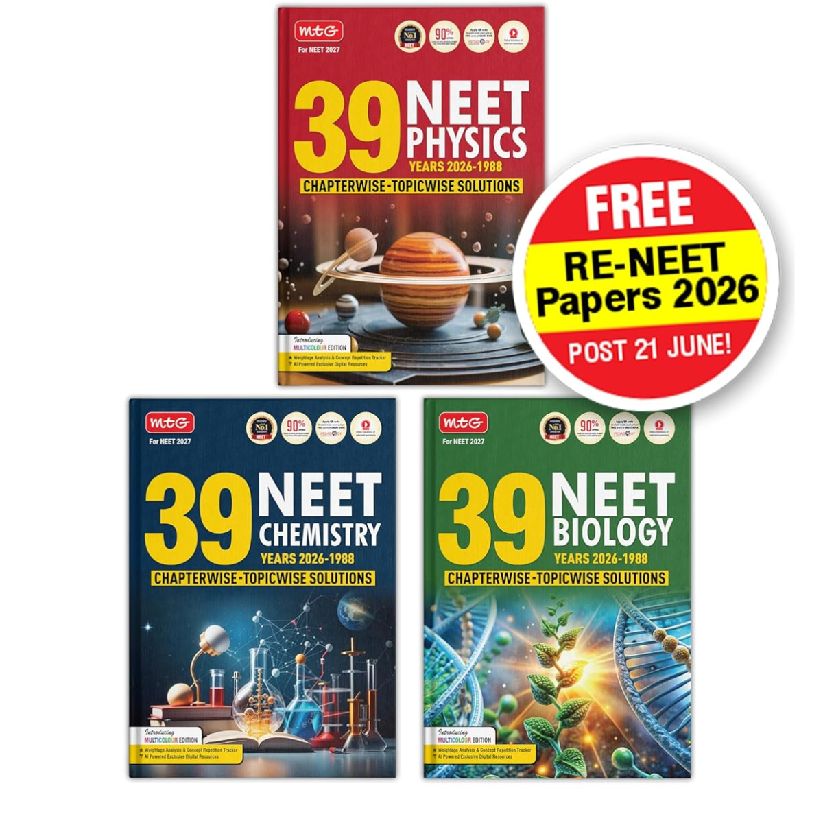 MTG NEET PYQ 39 Years Physics, Chemistry & Biology Book For 2026-2027 Exam (Set of 3) | Chapterwise Topicwise Solved Question Papers | Free Video Solutions |